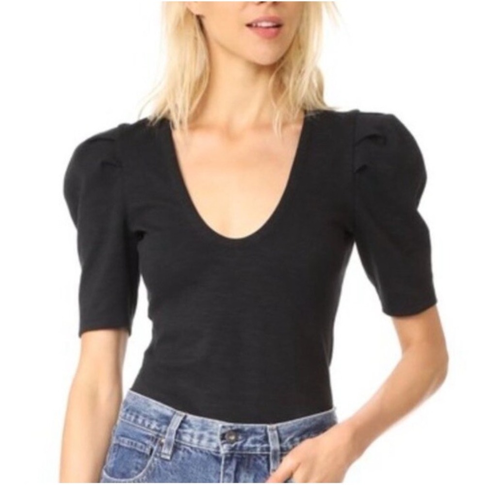 Free People Puff Sleeve Top Women XS Black Deep V Neck Slub Jersey Tee Victorian